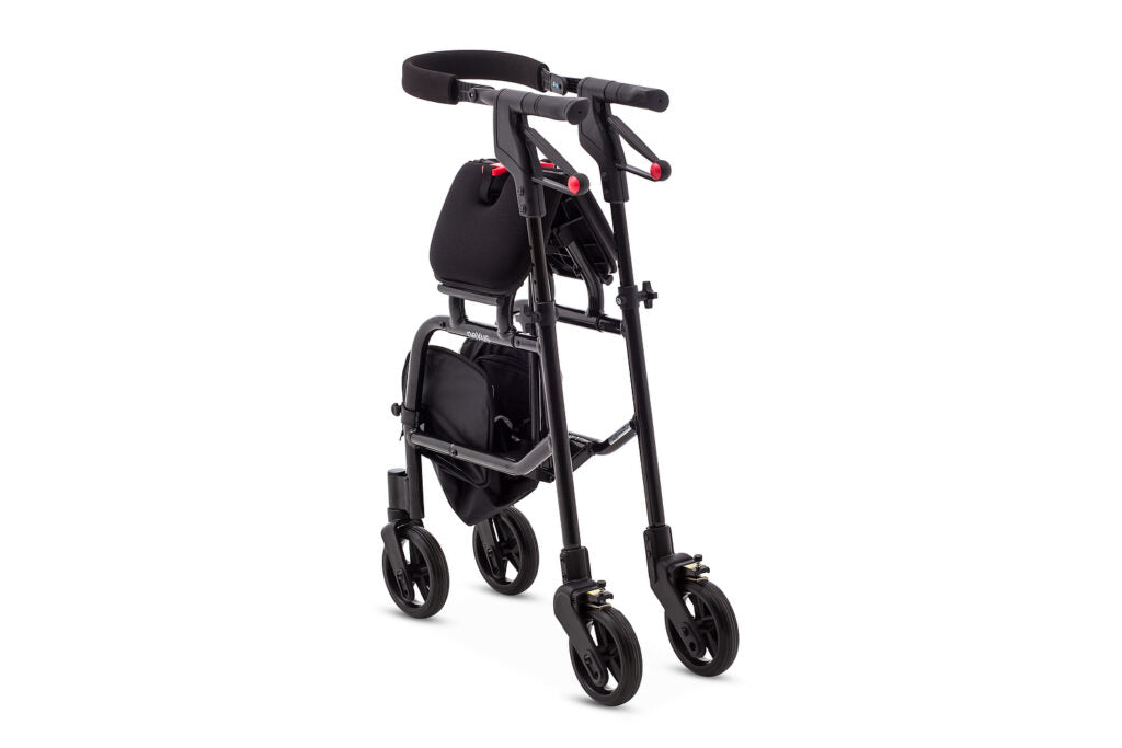 Folded Human Care neXus oNe 20 Black Rollator Slim, Cable-Free, and Easy-to-Fold Design for Superior Comfort and Mobility in Narrow Spaces