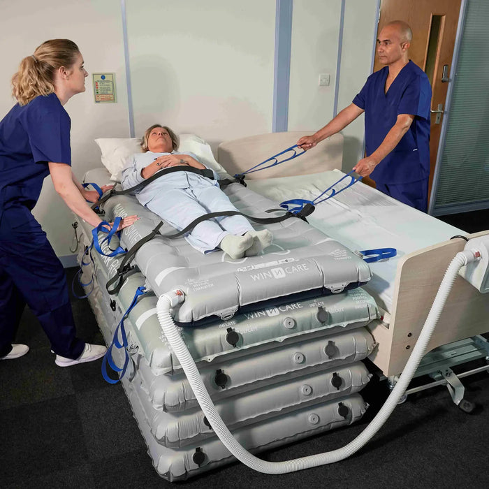 Joerns Mangar Rhino Lifting Device And Mangar Swift Used In Bed Transfer With Patient Assisted By Caregiver View