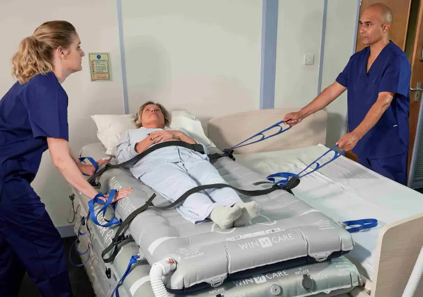 Joerns Mangar Supine Transfer System Swift And Rhino With Patient Assisted By Caregiver Bed Transfer View