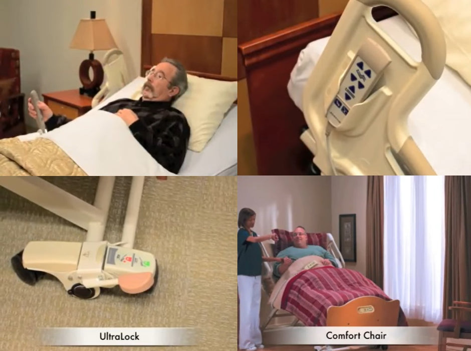 Joerns Ultracare XT Hospital Bed With Caregiver And Resident Using Hand Pendant Independently And Bed In Comfort Chair Position And UltraLock Feature View