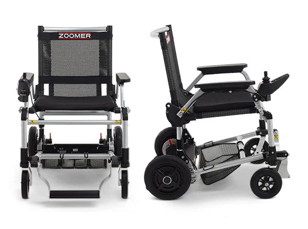 Journey Zoomer Lightweight Folding Power Chair Front And Side View
