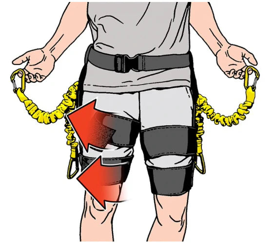 Diagram of the Lightspeed Lift Super Lift Belt showing the lower body support attachment with adjustable thigh straps, yellow bungee cords, and carabiners used for unweighting and pelvic stability during exercise.