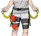 Diagram of the Lightspeed Lift Super Lift Belt showing the lower body support attachment with adjustable thigh straps, yellow bungee cords, and carabiners used for unweighting and pelvic stability during exercise.