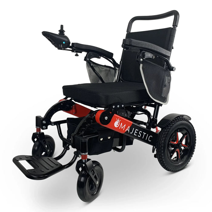 ComfyGO MAJESTIC IQ-7000 Auto Folding Electric Wheelchair Lightweight, Airline-Friendly, and Travel Ready with joystick controller mounted on the right armrest and sleek black frame