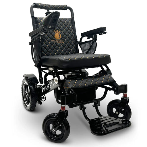  Black ComfyGO MAJESTIC IQ-7000 Auto Folding Electric Wheelchair Lightweight, Airline-Friendly, and Travel Ready with premium quilted black seat and backrest with gold stitching and joystick controller is mounted on the right armrest