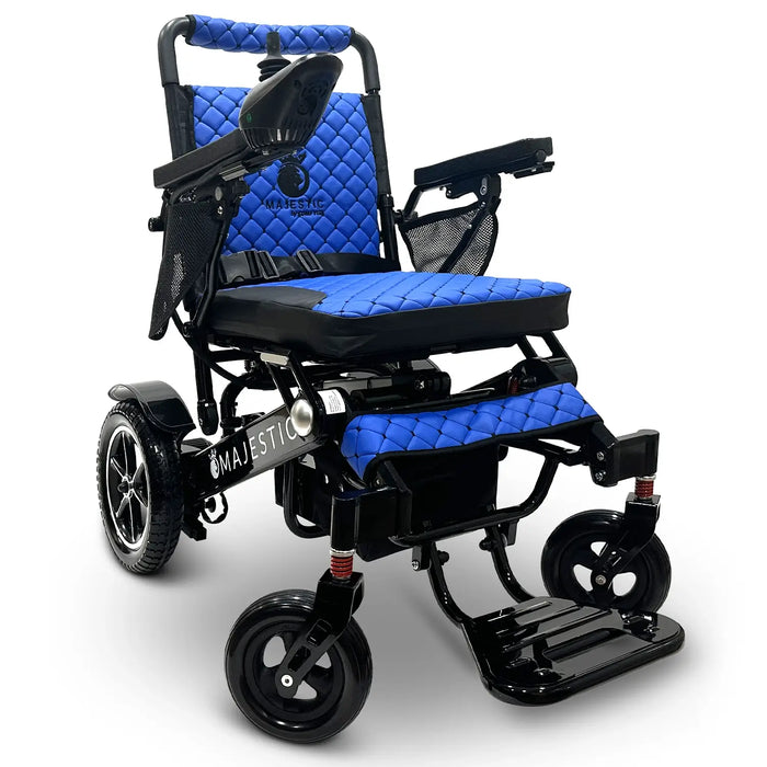 Blue ComfyGO MAJESTIC IQ-7000 Auto Folding Electric Wheelchair Lightweight, Airline-Friendly, and Travel Ready with premium quilted blue seat and backrest with black stitching and joystick controller is mounted on the right armrest