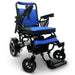 Blue ComfyGO MAJESTIC IQ-7000 Auto Folding Electric Wheelchair Lightweight, Airline-Friendly, and Travel Ready with premium quilted blue seat and backrest with black stitching and joystick controller is mounted on the right armrest