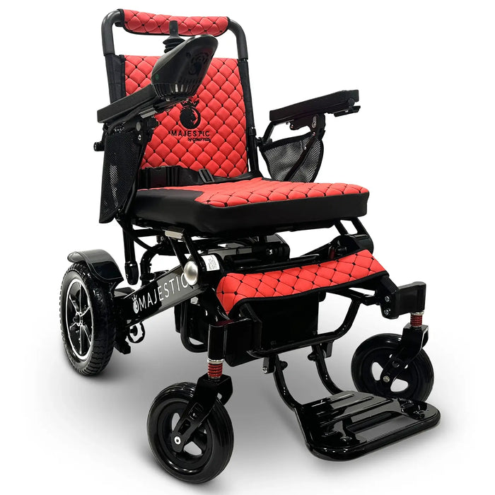 Red ComfyGO MAJESTIC IQ-7000 Auto Folding Electric Wheelchair Lightweight, Airline-Friendly, and Travel Ready with premium quilted red seat and backrest with black stitching and joystick controller is mounted on the right armrest