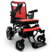 Red ComfyGO MAJESTIC IQ-7000 Auto Folding Electric Wheelchair Lightweight, Airline-Friendly, and Travel Ready with premium quilted red seat and backrest with black stitching and joystick controller is mounted on the right armrest