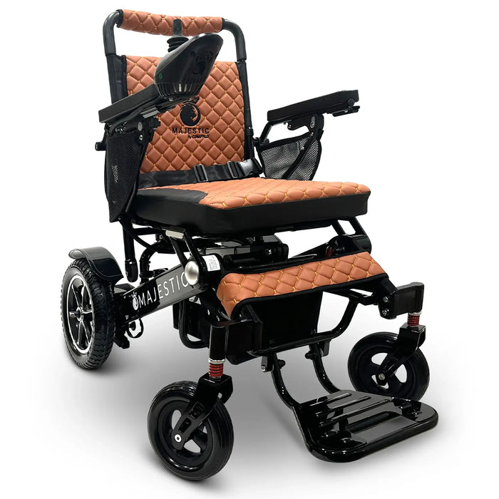 Taba ComfyGO MAJESTIC IQ-7000 Auto Folding Electric Wheelchair Lightweight, Airline-Friendly, and Travel Ready with premium quilted taba seat and backrest with gold stitching and joystick controller is mounted on the right armrest
