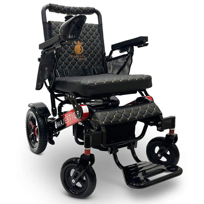 Black/Red ComfyGO MAJESTIC IQ-7000 Auto Folding Electric Wheelchair Lightweight, Airline-Friendly, and Travel Ready with premium quilted black seat and backrest with gold stitching and joystick controller is mounted on the right armrest