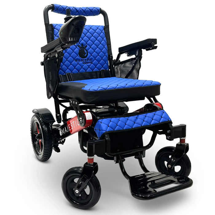 Black/Red Frame Blue Textile ComfyGO MAJESTIC IQ-7000 Auto Folding Electric Wheelchair Lightweight, Airline-Friendly, and Travel Ready with premium quilted blue seat and backrest with black stitching and joystick controller is mounted on the right armrest
