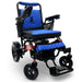 Black/Red Frame Blue Textile ComfyGO MAJESTIC IQ-7000 Auto Folding Electric Wheelchair Lightweight, Airline-Friendly, and Travel Ready with premium quilted blue seat and backrest with black stitching and joystick controller is mounted on the right armrest