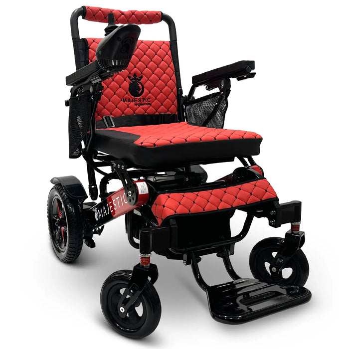 Black/Red Frame Red Textile ComfyGO MAJESTIC IQ-7000 Auto Folding Electric Wheelchair Lightweight, Airline-Friendly, and Travel Ready with premium quilted red seat and backrest with black stitching and joystick controller is mounted on the right armrest