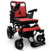 Black/Red Frame Red Textile ComfyGO MAJESTIC IQ-7000 Auto Folding Electric Wheelchair Lightweight, Airline-Friendly, and Travel Ready with premium quilted red seat and backrest with black stitching and joystick controller is mounted on the right armrest
