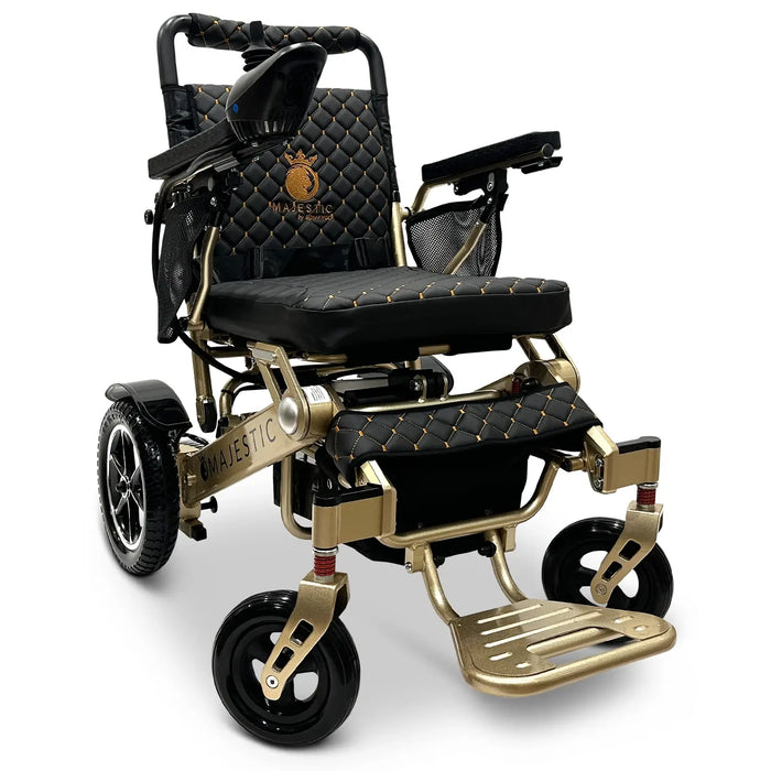 Bronze Frame and Black Textile ComfyGO MAJESTIC IQ-7000 Auto Folding Electric Wheelchair Lightweight, Airline-Friendly, and Travel Ready with premium quilted black seat and backrest with gold stitching and joystick controller is mounted on the right armrest