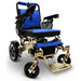 Bronze Frame and Blue Textile ComfyGO MAJESTIC IQ-7000 Auto Folding Electric Wheelchair Lightweight, Airline-Friendly, and Travel Ready with premium quilted blue seat and backrest with gold stitching and joystick controller is mounted on the right armrest