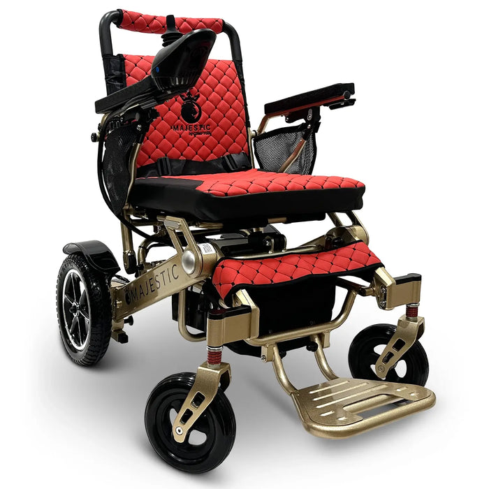 Bronze Frame and Red Textile ComfyGO MAJESTIC IQ-7000 Auto Folding Electric Wheelchair Lightweight, Airline-Friendly, and Travel Ready with Premium quilted red seat and backrest with black stitching and joystick controller is mounted on the right armrest