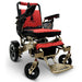 Bronze Frame and Red Textile ComfyGO MAJESTIC IQ-7000 Auto Folding Electric Wheelchair Lightweight, Airline-Friendly, and Travel Ready with Premium quilted red seat and backrest with black stitching and joystick controller is mounted on the right armrest
