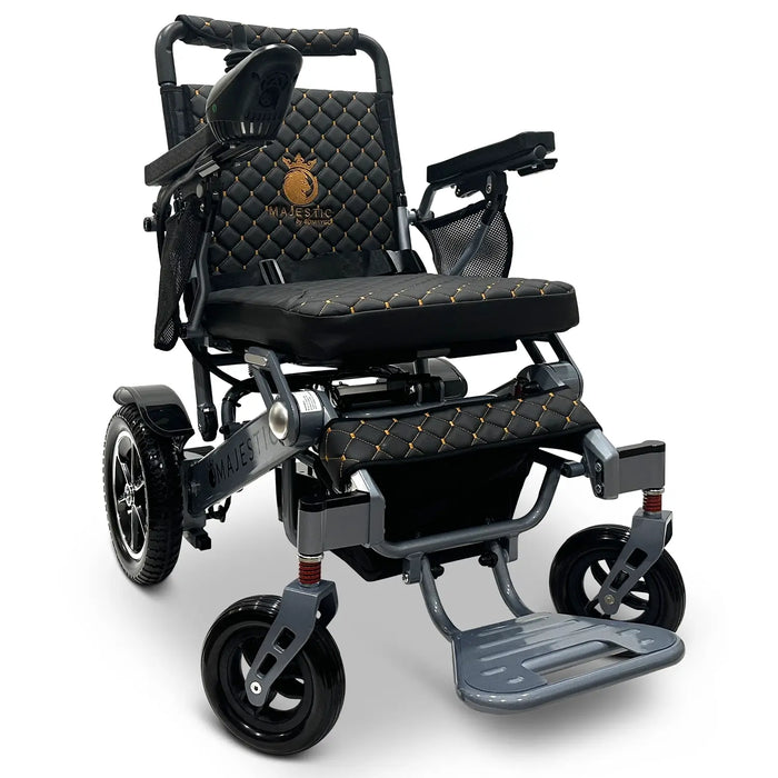 Silver Frame Black Textile ComfyGO MAJESTIC IQ-7000 Auto Folding Electric Wheelchair Lightweight, Airline-Friendly, and Travel Ready with premium quilted black seat and backrest with gold stitching and joystick controller is mounted on the right armrest