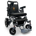 Silver Frame Black Textile ComfyGO MAJESTIC IQ-7000 Auto Folding Electric Wheelchair Lightweight, Airline-Friendly, and Travel Ready with premium quilted black seat and backrest with gold stitching and joystick controller is mounted on the right armrest