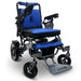Silver Frame Blue Textile ComfyGO MAJESTIC IQ-7000 Auto Folding Electric Wheelchair Lightweight, Airline-Friendly, and Travel Ready with premium quilted blue seat and backrest with black stitching and joystick controller is mounted on the right armrest