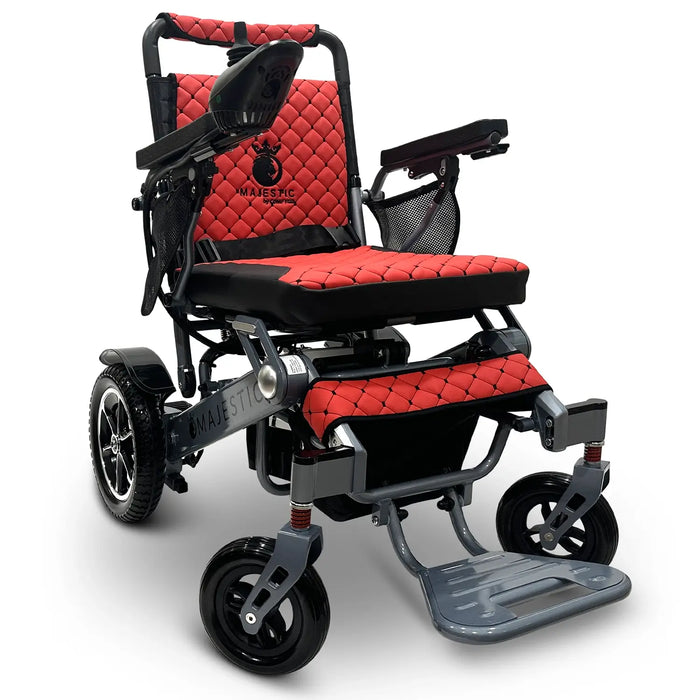 Silver Frame Red Textile ComfyGO MAJESTIC IQ-7000 Auto Folding Electric Wheelchair Lightweight, Airline-Friendly, and Travel Ready with premium quilted red seat and backrest with black stitching and joystick controller is mounted on the right armrest