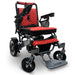 Silver Frame Red Textile ComfyGO MAJESTIC IQ-7000 Auto Folding Electric Wheelchair Lightweight, Airline-Friendly, and Travel Ready with premium quilted red seat and backrest with black stitching and joystick controller is mounted on the right armrest