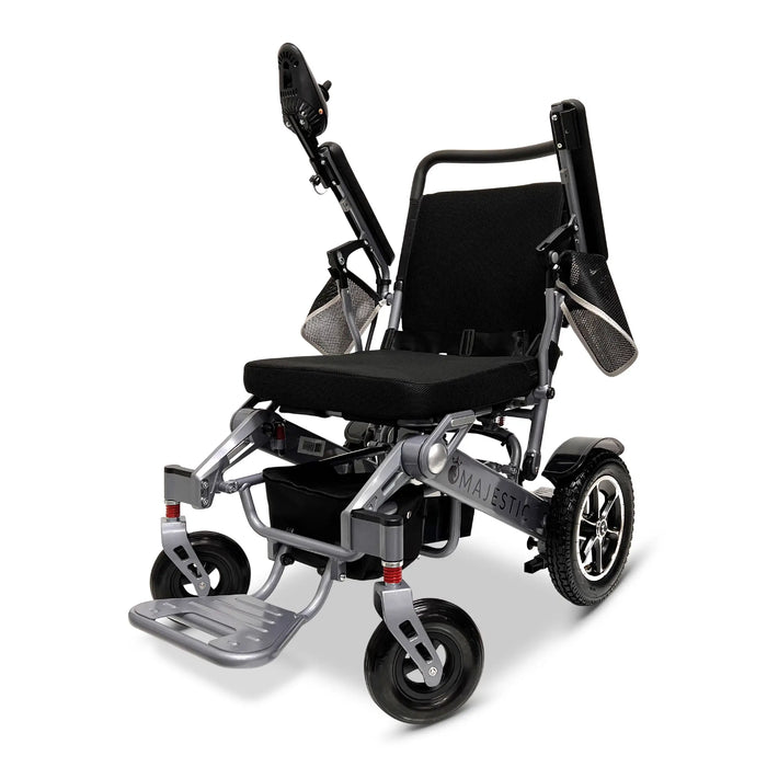 ComfyGO MAJESTIC IQ-7000 Auto Folding Electric Wheelchair Lightweight, Airline-Friendly, and Travel Ready with joystick controller mounted on the right armrest and sleek silver frame, both armrests raised 