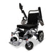 ComfyGO MAJESTIC IQ-7000 Auto Folding Electric Wheelchair Lightweight, Airline-Friendly, and Travel Ready with joystick controller mounted on the right armrest and sleek silver frame, both armrests raised 