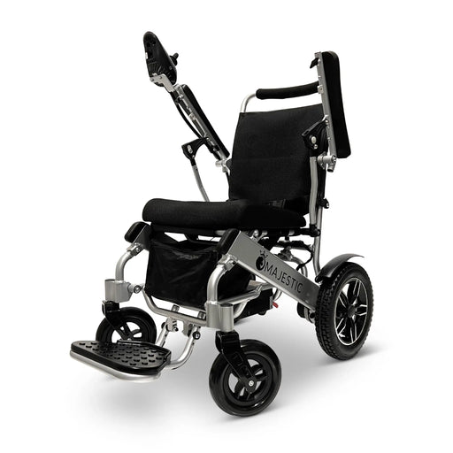 Standard Silver ComfyGO MAJESTIC IQ-8000 Standard Remote Controlled Lightweight Electric Wheelchair with both armrests raised and joystick controller is mounted on the right armrest