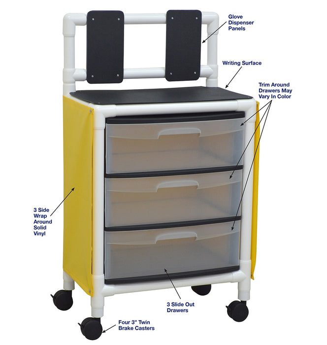 MJM International 3 Drawer Isolation Universal Cart With Top Writing Shelf And Glove Dispenser Panel Detailed View
