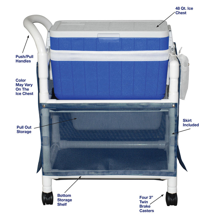 MJM International 810 Hydration Cart With 48 Quartz Ice Chest Pull Out Storage And Skirt Detailed View
