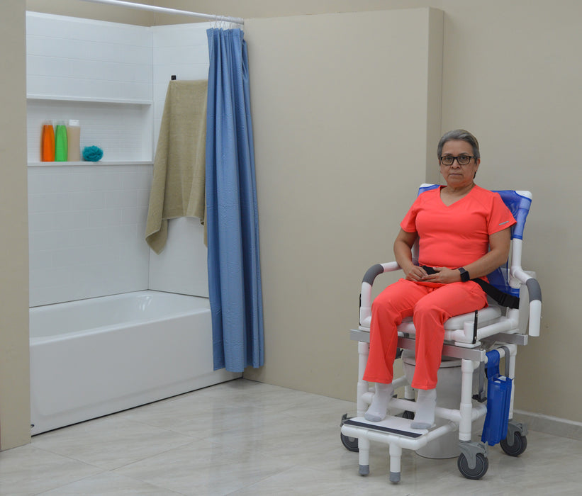 MJM International All Purpose Dual Shower Transfer Chair In Bathroom Setting With Patient View