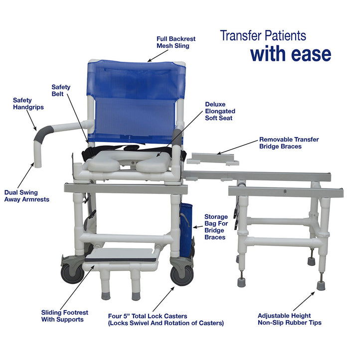 MJM International All Purpose Dual Shower Transfer Chair With Soft Seat Swing Away Armrest Sliding Footrest And Removable Transfer Bridge Braces Detailed View