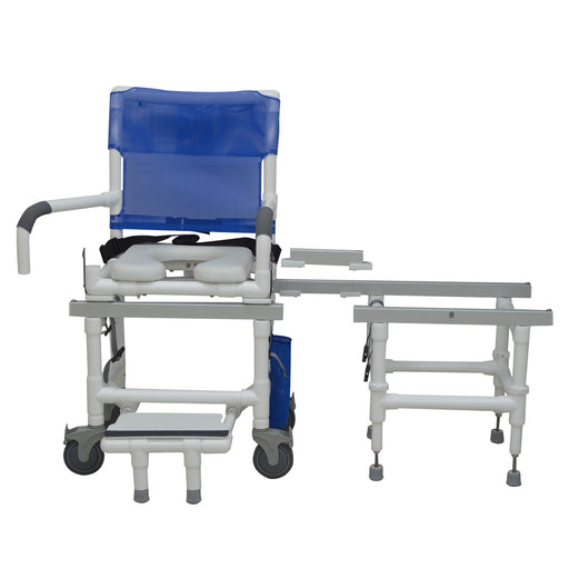 MJM International All Purpose Dual Shower Transfer Chair With Soft Seat Swing Away Armrest Sliding Footrest And Removable Transfer Bridge Braces View