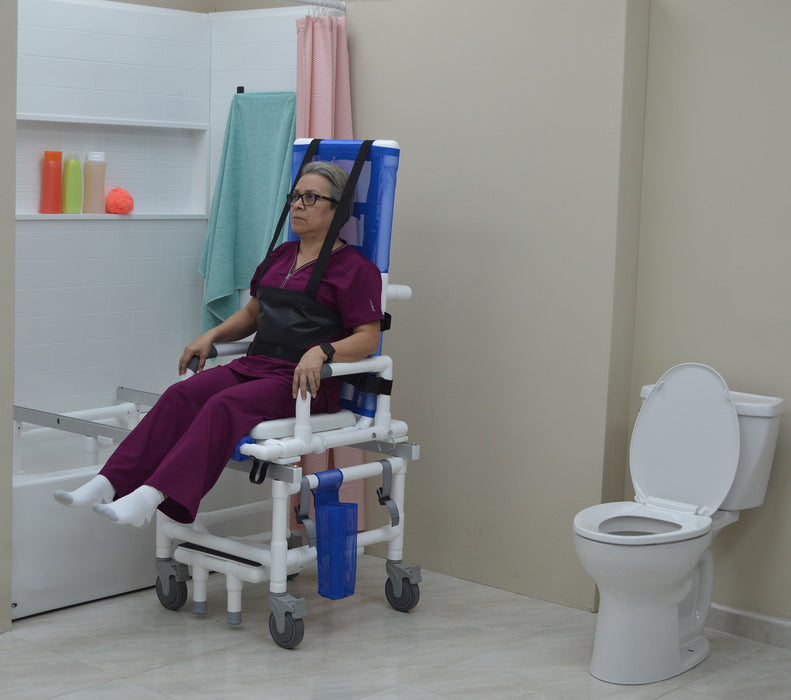 MJM International All Purpose Dual Shower Transfer Chair With Tilt Slider In Bathroom Setting With Patient Buckled Safely View