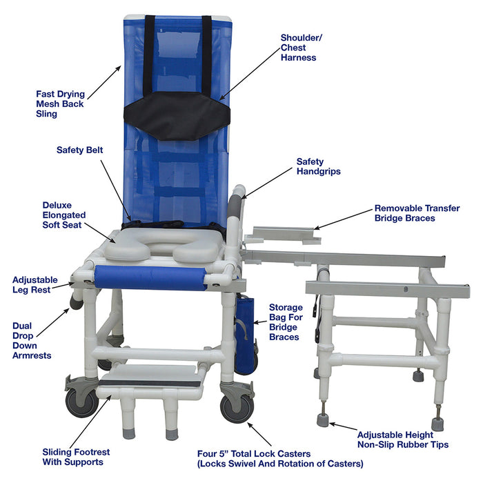 MJM International All Purpose Dual Shower Transfer Chair With Tilt Slider Soft Seat Swing Away Armrest Sliding Footrest And Removable Transfer Bridge Braces Detailed View