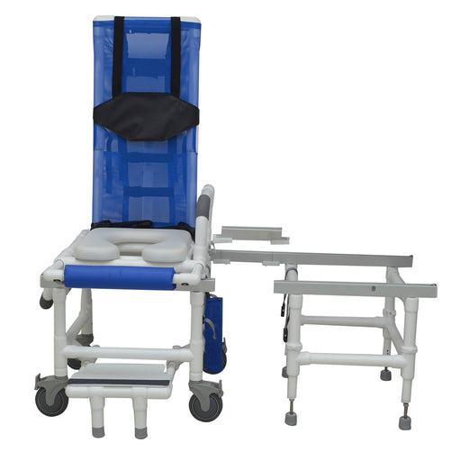 MJM International All Purpose Dual Shower Transfer Chair With Tilt Slider Soft Seat Swing Away Armrest Sliding Footrest And Removable Transfer Bridge Braces View