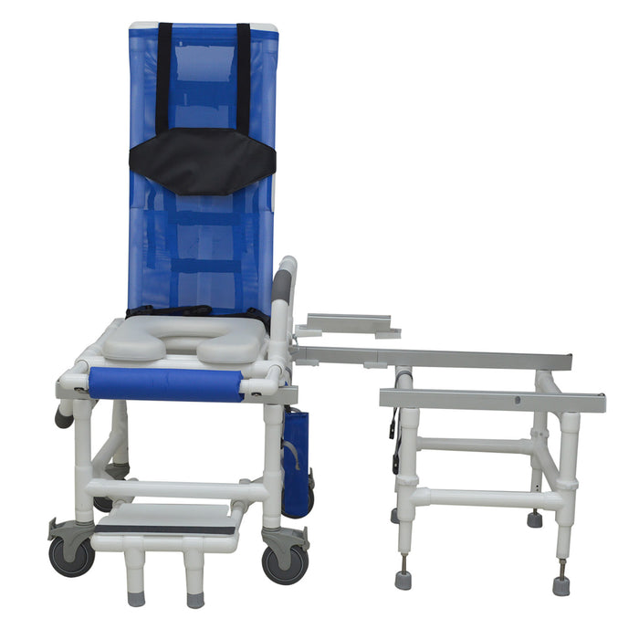 MJM International All Purpose Dual Shower Transfer Chair With Tilt Slider Soft Seat Swing Away Armrest Sliding Footrest And Removable Transfer Bridge Braces View