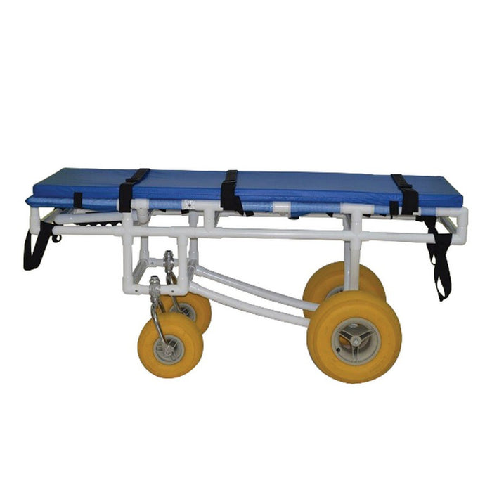 MJM International All Terrain Stretcher With Safety Belt Pull Straps 2 Swivel And 2 Rigid Wheels In Fully Flat Position View
