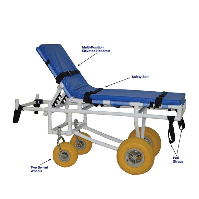 MJM International All Terrain Stretcher With Safety Belt Pull Straps 2 Swivel And 2 Rigid Wheels In Raised Head Section Detailed View
