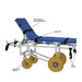 MJM International All Terrain Stretcher With Safety Belt Pull Straps 2 Swivel And 2 Rigid Wheels In Raised Head Section Detailed View