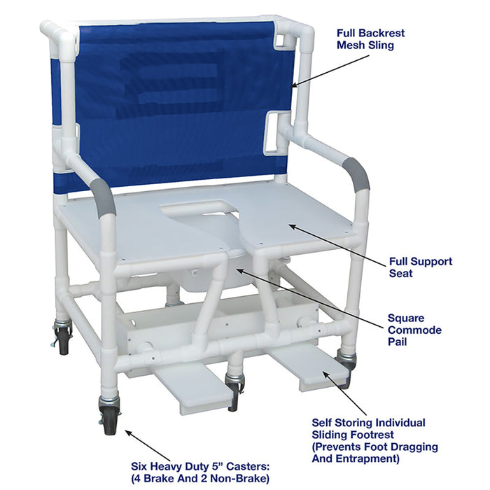 MJM International Bariatric Shower Chair With Individual Self Storing Sliding Footrests And 6 Caster Wheels Detailed View