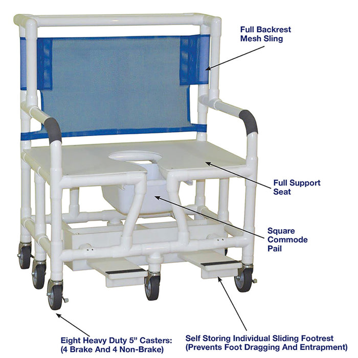 MJM International Bariatric Shower Chair With Individual Self Storing Sliding Footrests And 8 Caster Wheels Detailed View
