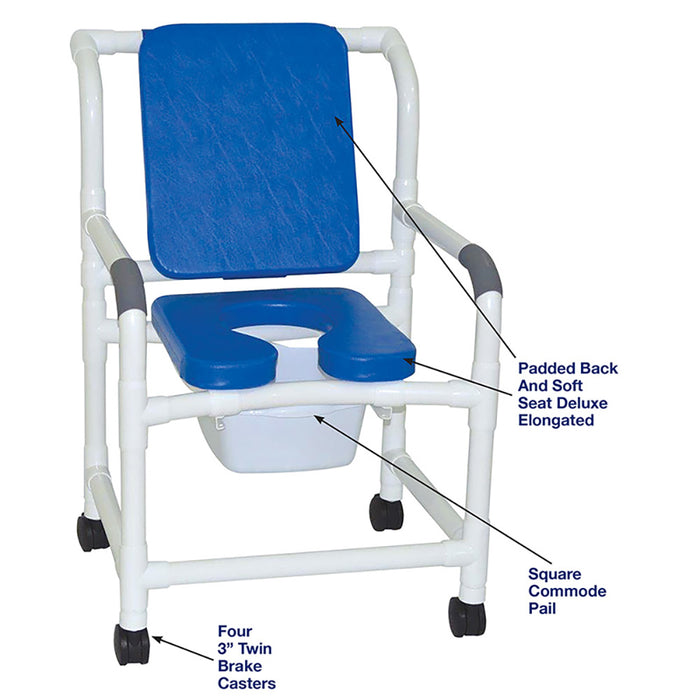 MJM International Blue Mid Size Shower Chair With Soft Seat Padded Backrest And Square Pail Detailed View
