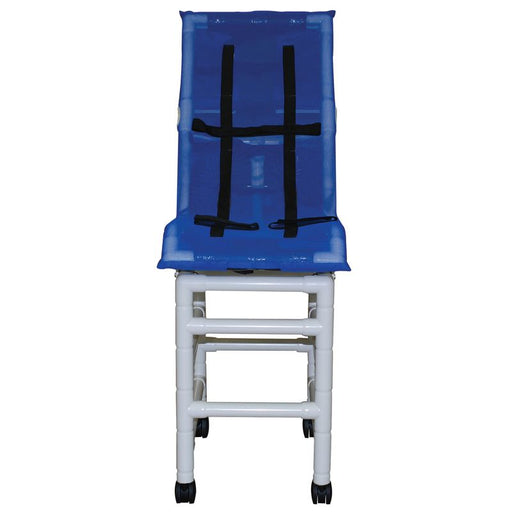 MJM International Blue Reclining Bath Chair With Dual Base Extension Safety Belt And Twin Casters View