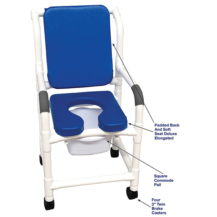 MJM International Blue Shower Chair With Soft Seat Deluxe Elongated Cushion Back And Square Pail Dimension View
