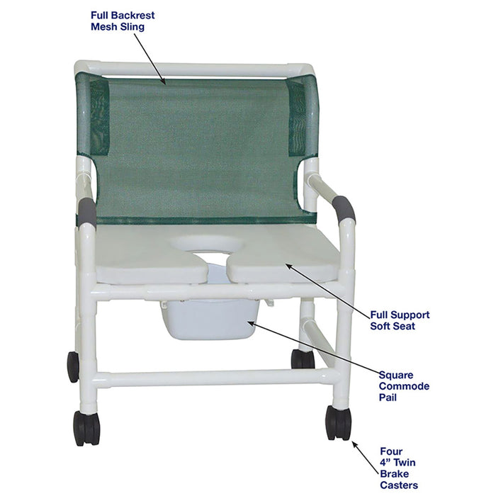 MJM International Extra Wide Shower Chair With Soft Seat, Square Commode Pail And 4 Caster Wheels Detailed View