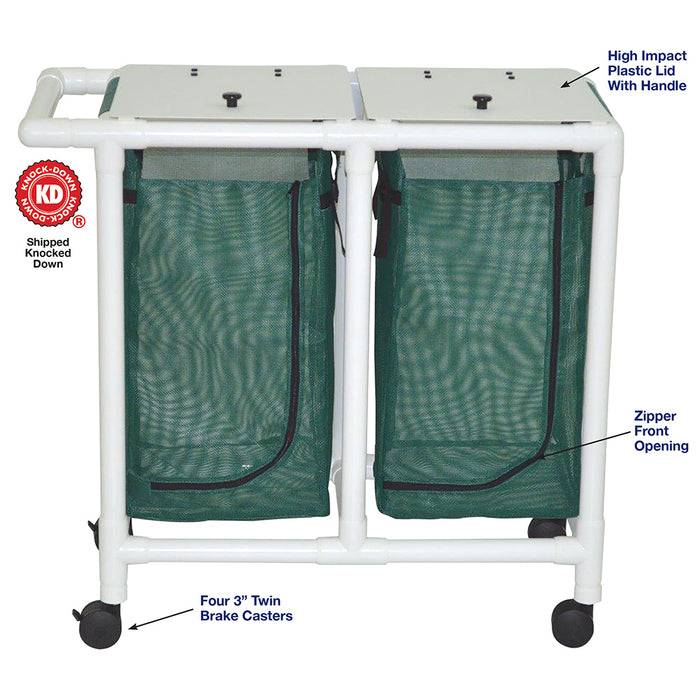 MJM International Forest Green Double Bag Hamper 23 Gallon Capacity Per Bag Caster Wheel Detailed View